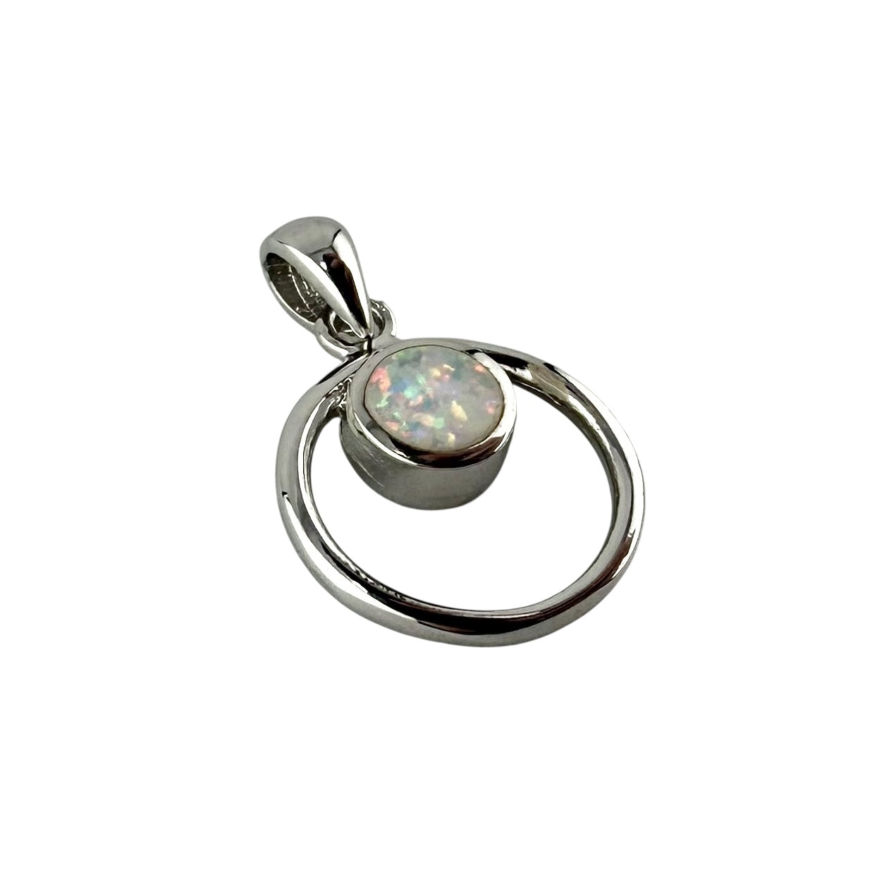 White Lab Opal Circle Pendant Sterling Silver