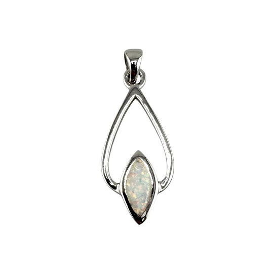 White Lab Opal Pear and Diamond Shape Pendant Sterling Silver