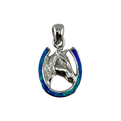 Blue Lab Opal Horse Head Horseshoe Pendant Sterling Silver