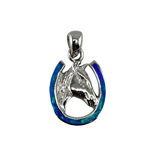 Blue Lab Opal Horse Head Horseshoe Pendant Sterling Silver