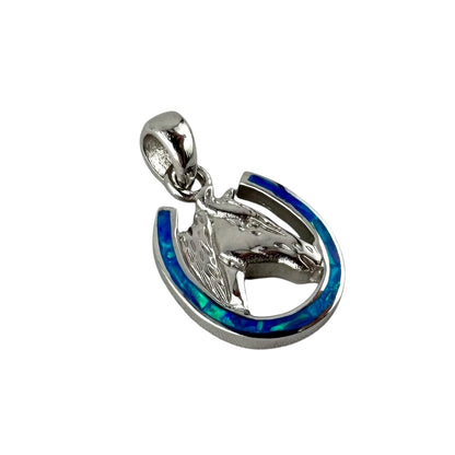 Blue Lab Opal Horse Head Horseshoe Pendant Sterling Silver
