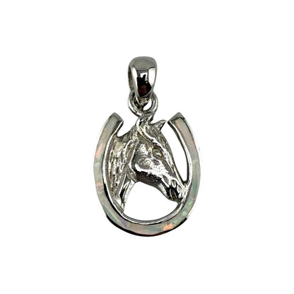 White Lab Opal Horse Head Horseshoe Pendant Sterling Silver