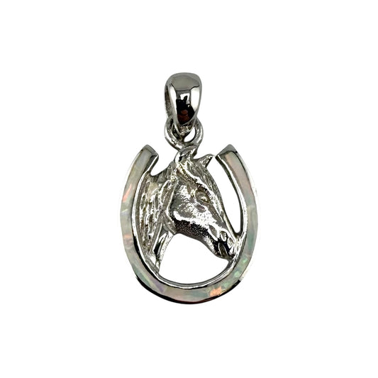White Lab Opal Horse Head Horseshoe Pendant Sterling Silver