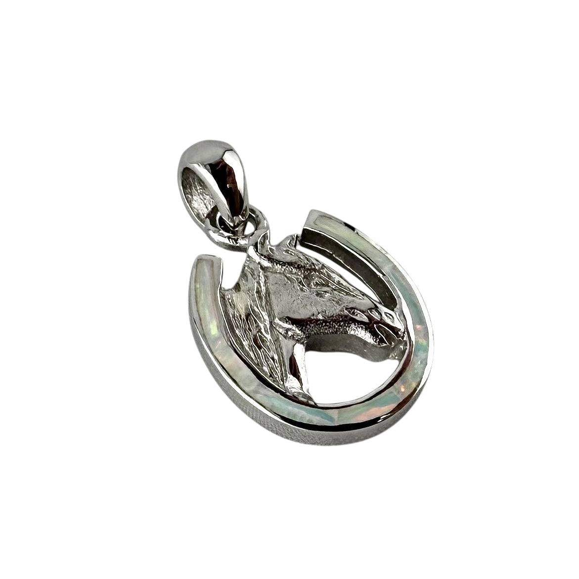 White Lab Opal Horse Head Horseshoe Pendant Sterling Silver