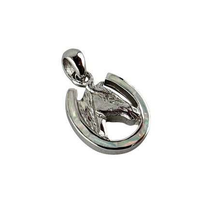 White Lab Opal Horse Head Horseshoe Pendant Sterling Silver