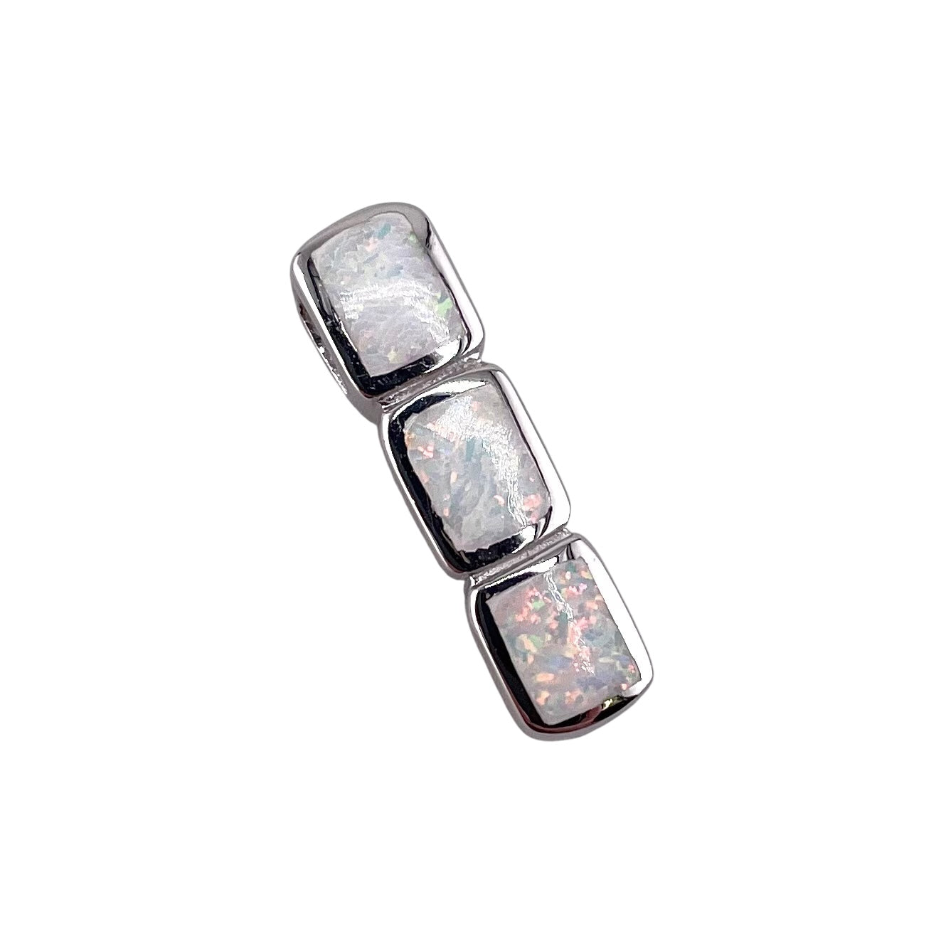 White Lab Opal Hidden Bail Stacked Rectangle Pendant Sterling Silver