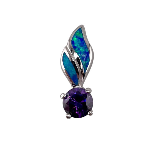 Blue Lab Opal Round Amethyst Pendant Sterling Silver