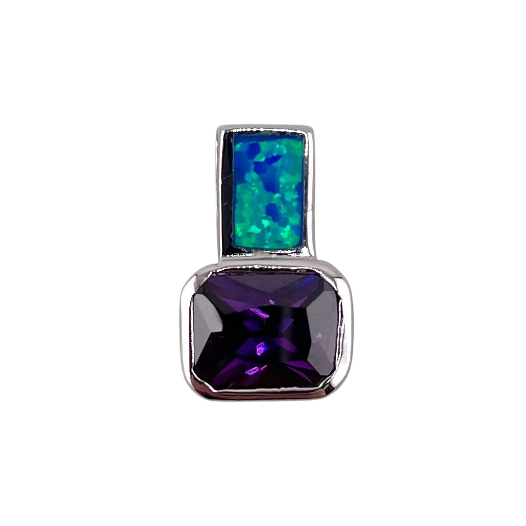 Blue Lab Opal Rectangle Amethyst Pendant Sterling Silver