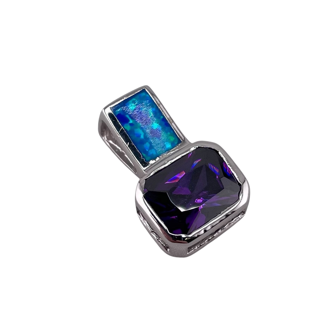 Blue Lab Opal Rectangle Amethyst Pendant Sterling Silver