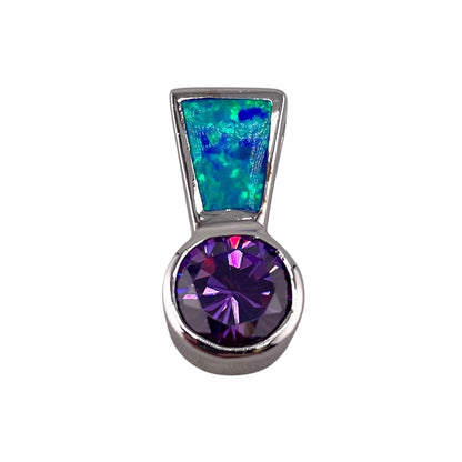 Blue Lab Opal Round Amethyst Pendant Sterling Silver