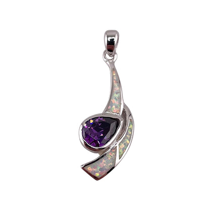 White Lab Opal Pear Amethyst Pendant Sterling Silver