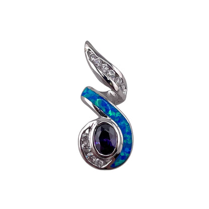Blue Lab Opal Oval Amethyst Swirl CZ Pendant Sterling Silver