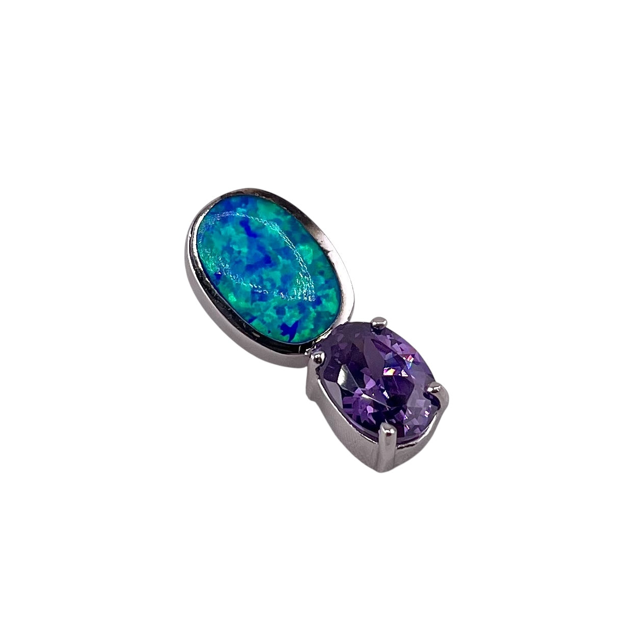 Blue Lab Opal Hidden Bail Stacked Oval Pendant Sterling Silver