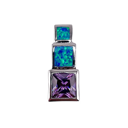 Blue Lab Opal Hidden Bail Stacked Square Pendant Sterling Silver