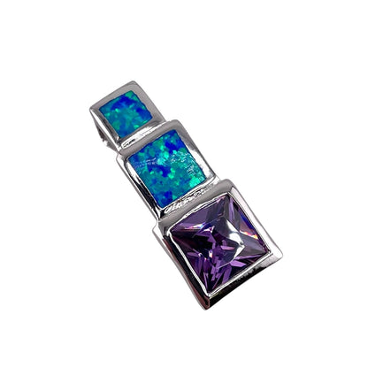 Blue Lab Opal Hidden Bail Stacked Square Pendant Sterling Silver