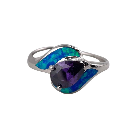 Blue Lab Opal Wrap Pear Shaped Amethyst CZ Ring Sterling Silver