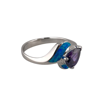 Blue Lab Opal Wrap Pear Shaped Amethyst CZ Ring Sterling Silver