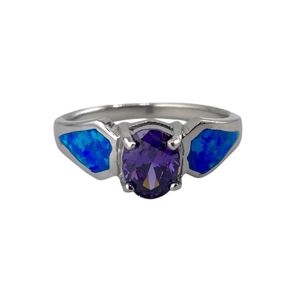 Blue Lab Opal Round Amethyst CZ Ring Sterling Silver