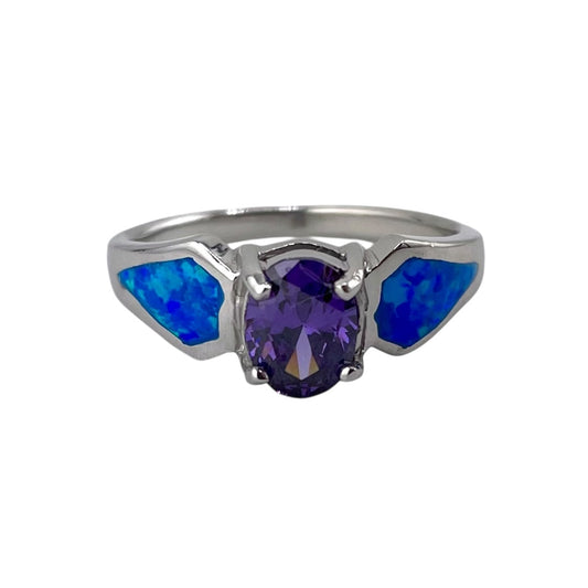 Blue Lab Opal Round Amethyst CZ Ring Sterling Silver