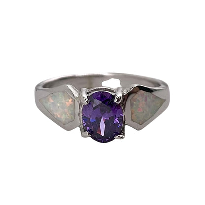 White Lab Opal Round Amethyst CZ Ring Sterling Silver