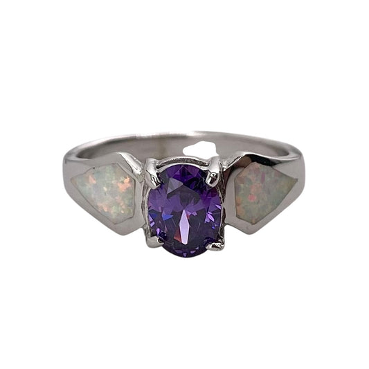 White Lab Opal Round Amethyst CZ Ring Sterling Silver