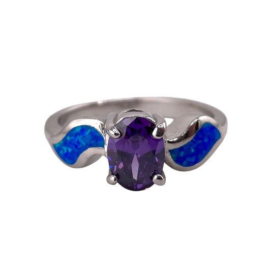 Blue Lab Opal Oval Amethyst CZ Ring Sterling Silver