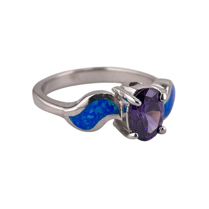 Blue Lab Opal Oval Amethyst CZ Ring Sterling Silver
