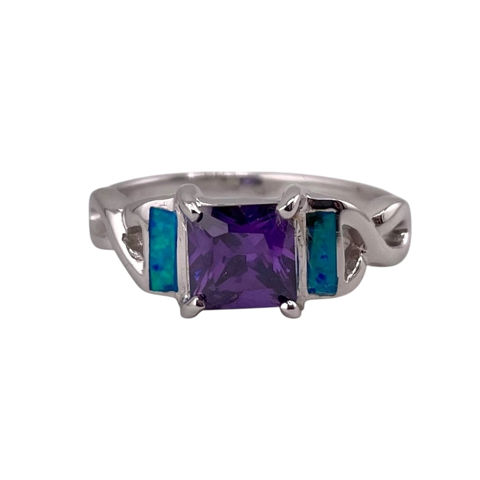 Blue Lab Opal Square Amethyst CZ Ring Sterling Silver