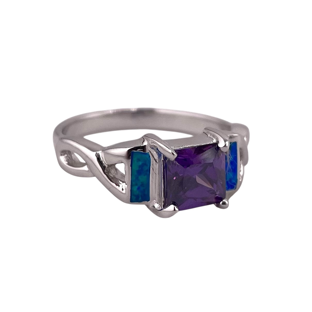 Blue Lab Opal Square Amethyst CZ Ring Sterling Silver
