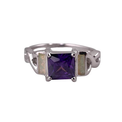 White Lab Opal Square Amethyst CZ Ring Sterling Silver