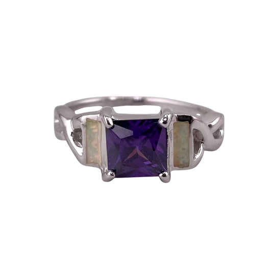 White Lab Opal Square Amethyst CZ Ring Sterling Silver
