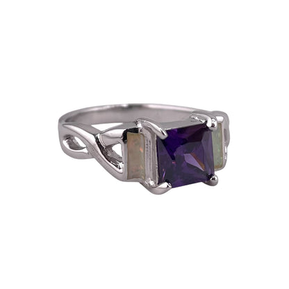 White Lab Opal Square Amethyst CZ Ring Sterling Silver