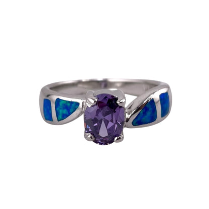 Blue Lab Opal Oval Amethyst CZ Ring Sterling Silver