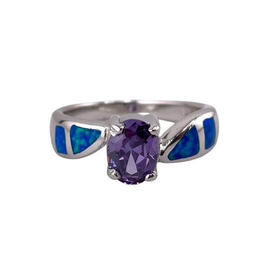 Blue Lab Opal Oval Amethyst CZ Ring Sterling Silver
