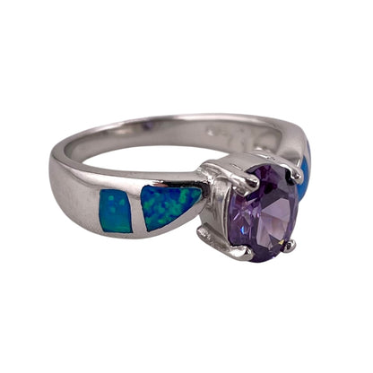 Blue Lab Opal Oval Amethyst CZ Ring Sterling Silver