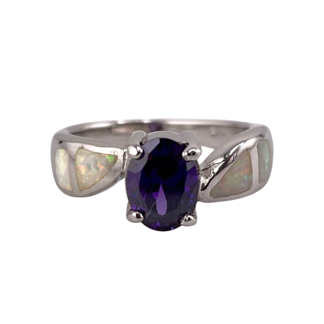 White Lab Opal Oval Amethyst CZ Ring Sterling Silver
