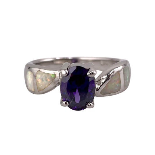 White Lab Opal Oval Amethyst CZ Ring Sterling Silver