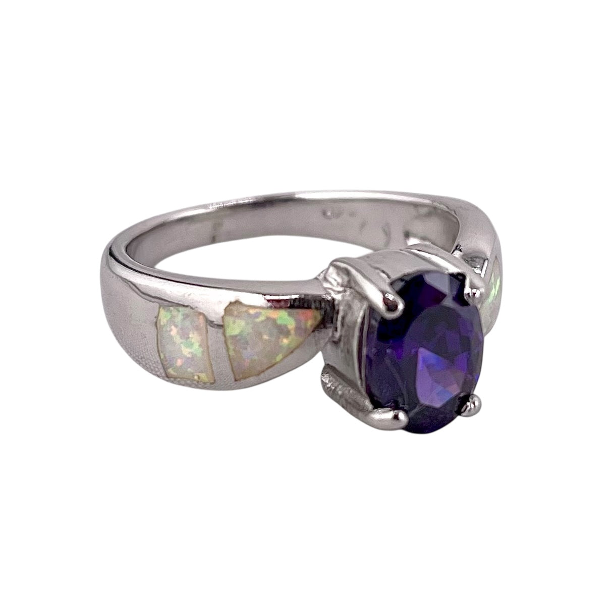 White Lab Opal Oval Amethyst CZ Ring Sterling Silver