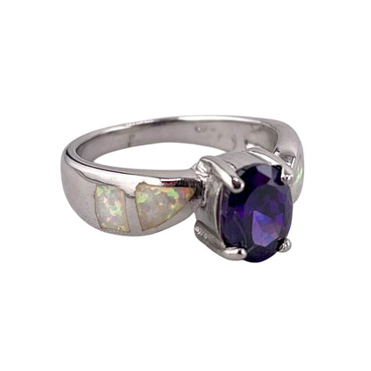 White Lab Opal Oval Amethyst CZ Ring Sterling Silver