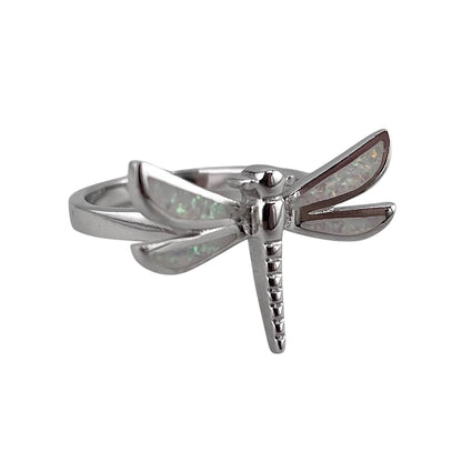 White Lab Opal Dragonfly Ring Sterling Silver