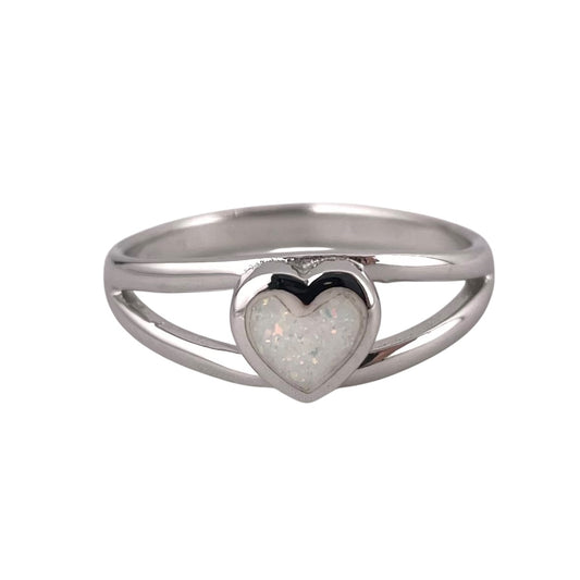 White Lab Opal Heart Ring Sterling Silver
