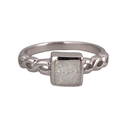 White Lab Opal Square Braid Ring Sterling Silver