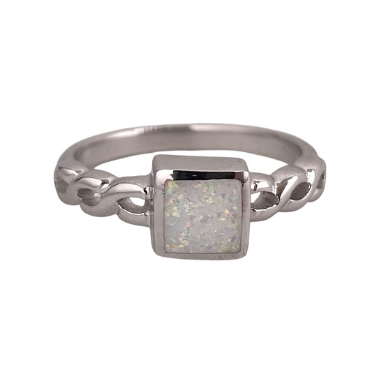 White Lab Opal Square Braid Ring Sterling Silver