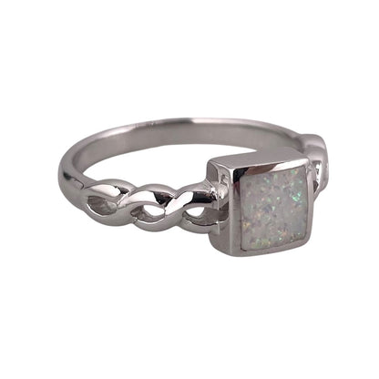 White Lab Opal Square Braid Ring Sterling Silver