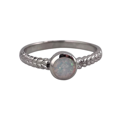 White Lab Opal Circle Round Ring Sterling Silver