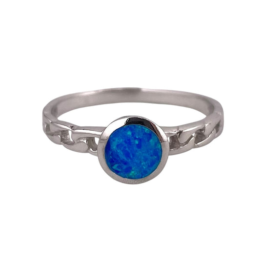 Blue Lab Opal Circle Round Link Ring Sterling Silver