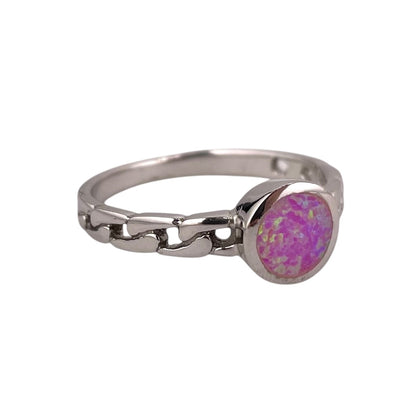 Pink Lab Opal Circle Round Link Ring Sterling Silver