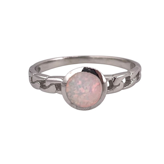 White Lab Opal Circle Round Link Ring Sterling Silver