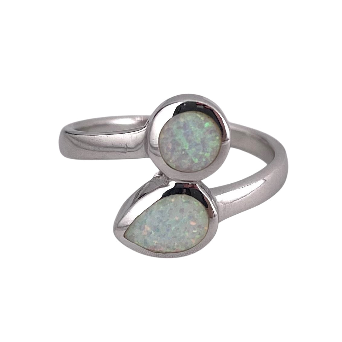 White Lab Opal Pear Circle Ring Sterling Silver