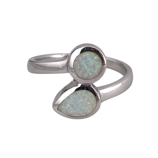 White Lab Opal Pear Circle Ring Sterling Silver